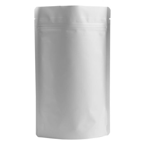 8 oz Matte White Foil Stand Up Pouches 5.4 Mil w/ Zip